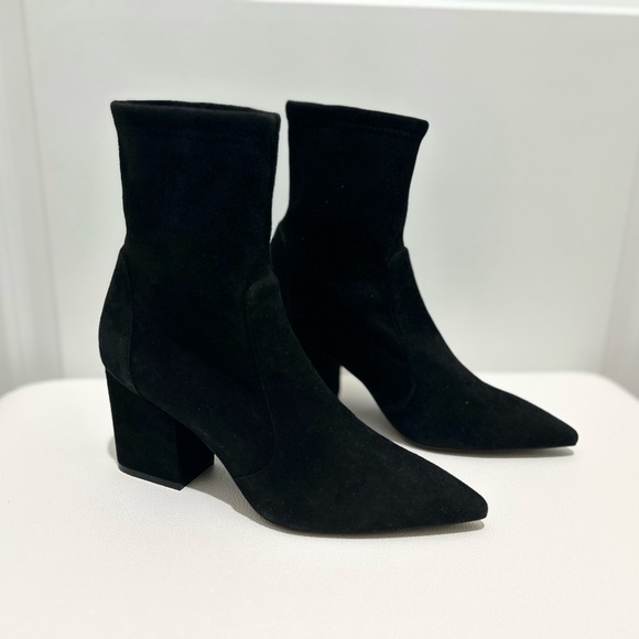 Stuart Weitzman Stuart 75 Block Heel  Stretch Bootie Black Suede Ankle Boots 6.5 - Picture 4 of 11